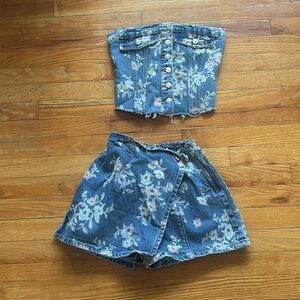 Piral Denim 100% Cotton Floral Strapless Skort Set